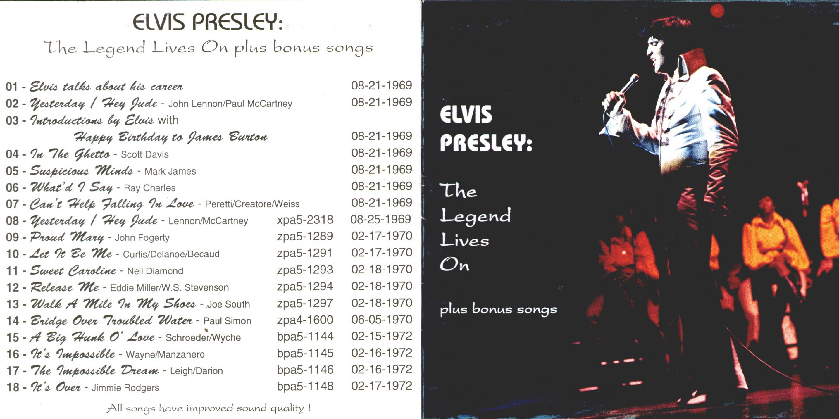 Elvis Presley The Legend Lives On Plus Bonus Songs : Front